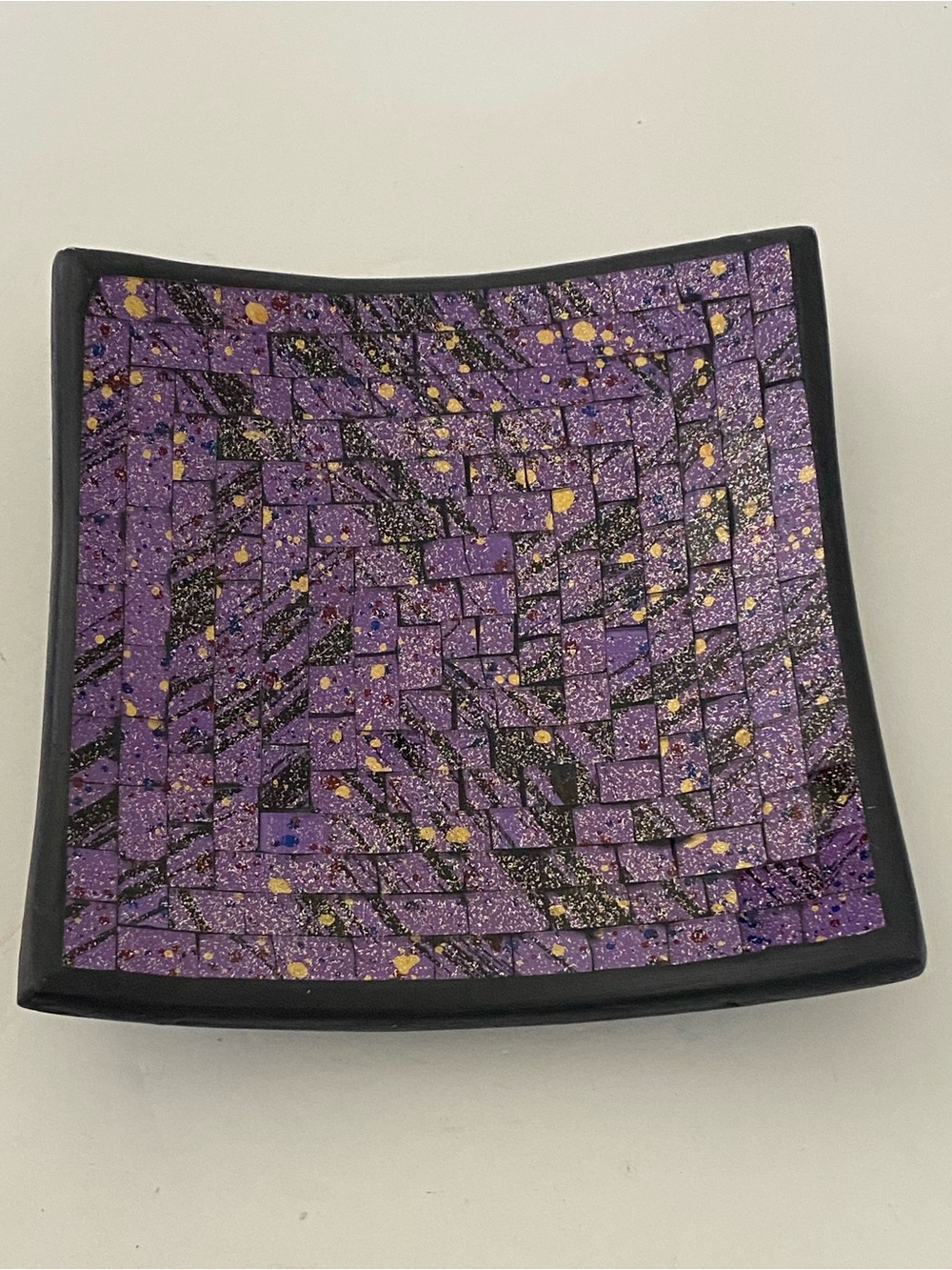 Mosaic Glass Dish Tray Purple and Gold Accents Jewelry Trinket, Key Holder Decor